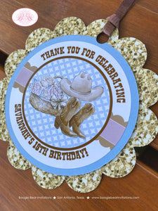 Country Horse Birthday Party Favor Tags Hat Boots Rustic Girl Blue Brown Vintage Flowers Boogie Bear Invitations Savannah Theme