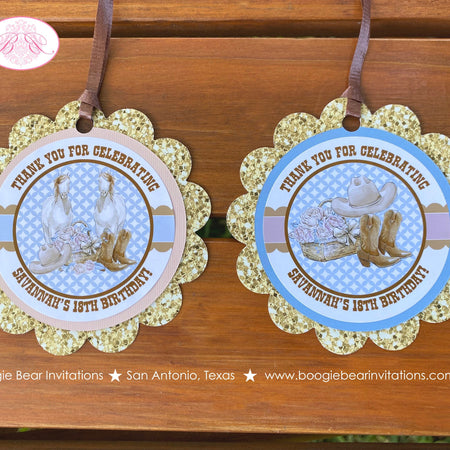 Country Horse Birthday Party Favor Tags Hat Boots Rustic Girl Blue Brown Vintage Flowers Boogie Bear Invitations Savannah Theme