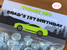 Load image into Gallery viewer, Green Race Car Birthday Party Treat Bag Toppers Folded Favor Label Black Lime Fastback Coupe Track Racing Boogie Bear Invitations Brad Theme