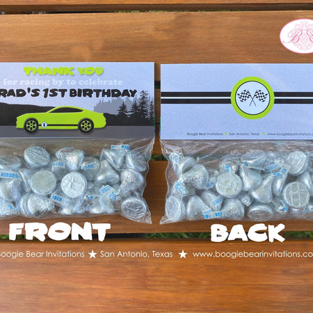 Green Race Car Birthday Party Treat Bag Toppers Folded Favor Label Black Lime Fastback Coupe Track Racing Boogie Bear Invitations Brad Theme