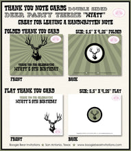 Load image into Gallery viewer, Deer Hunting Birthday Party Thank You Card Buck Elk Boy Girl Buck Antlers Bust Camo Green Black Boogie Bear Invitations Wyatt Theme Printed