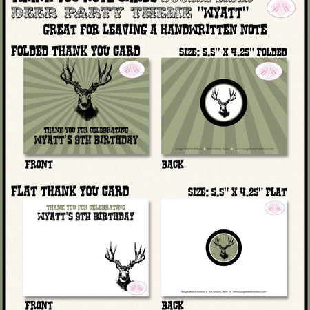 Deer Hunting Birthday Party Thank You Card Buck Elk Boy Girl Buck Antlers Bust Camo Green Black Boogie Bear Invitations Wyatt Theme Printed