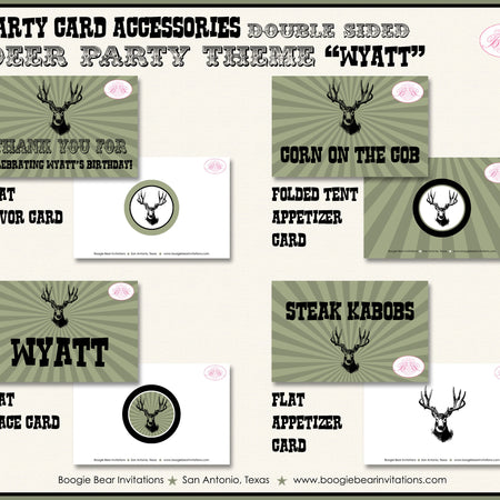 Deer Hunting Birthday Party Favor Card Tent Appetizer Place Buck Antlers Bust Camo Green Black Boogie Bear Invitations Wyatt Theme Printed