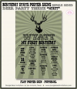 Deer Hunting Birthday Party Sign Stats Poster Chalkboard Boy Girl Antlers Bust Bust Camo Green Black Boogie Bear Invitations Wyatt Theme