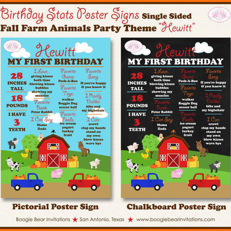 Fall Farm Animals Birthday Party Sign Stats Poster Chalkboard Pumpkin Red Barn Truck Country 1st 2nd Boogie Bear Invitations Hewitt Theme