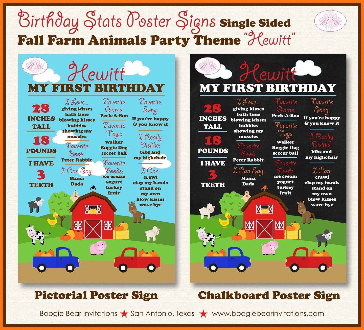 Fall Farm Animals Birthday Party Sign Stats Poster Chalkboard Pumpkin Red Barn Truck Country 1st 2nd Boogie Bear Invitations Hewitt Theme