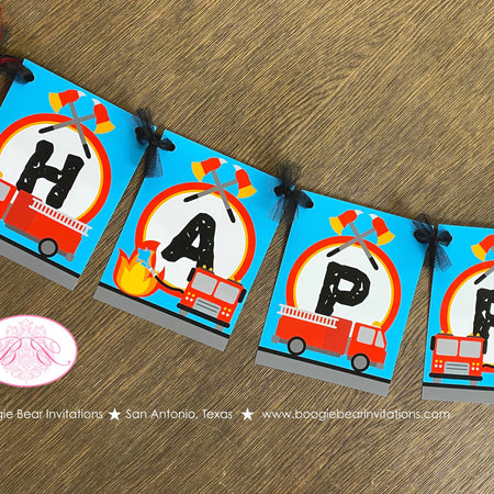 Red Fire Truck Happy Birthday Banner Party Fireman Man Firefighter Engine EMT Siren Brave Fighter Hero Boogie Bear Invitations Andrew Theme