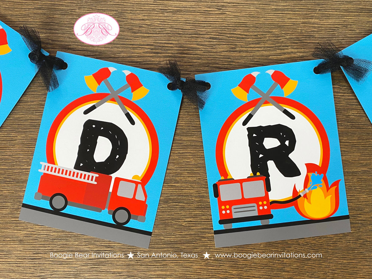 Red Fire Truck Party Name Banner Birthday Fireman Man Firefighter Engi ...