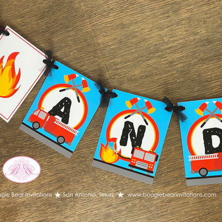 Red Fire Truck Party Name Banner Birthday Fireman Man Firefighter Engine EMT Siren Brave Fighter Hero Boogie Bear Invitations Andrew Theme