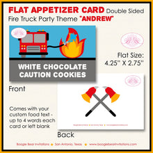Load image into Gallery viewer, Red Fire Truck Birthday Party Favor Card Tent Food Place Folded Appetizer Fireman Firefighter Boogie Bear Invitations Andrew Theme Printed