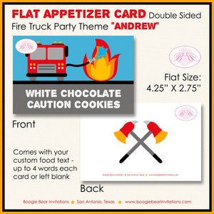 Red Fire Truck Birthday Party Favor Card Tent Food Place Folded Appetizer Fireman Firefighter Boogie Bear Invitations Andrew Theme Printed