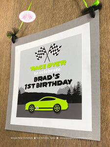 Green Race Car Birthday Party Door Banner Driver Street Racing Lime Black Fastback Coupe Track Girl Boy Boogie Bear Invitations Brad Theme