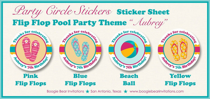 Flip Flop Pool Party Stickers Circle Sheet Birthday Beach Ball Pink Yellow Teal Blue Swimming Swim Girl Boogie Bear Invitations Aubrey Theme