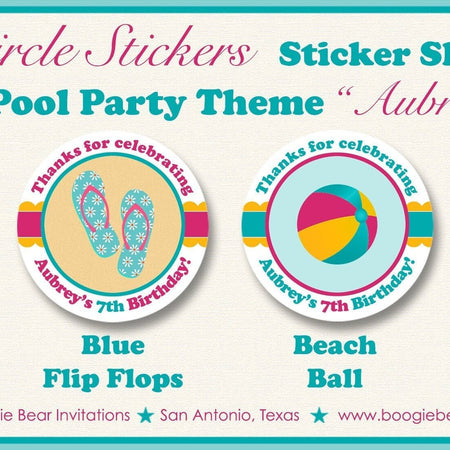 Flip Flop Pool Party Stickers Circle Sheet Birthday Beach Ball Pink Yellow Teal Blue Swimming Swim Girl Boogie Bear Invitations Aubrey Theme