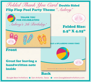 Flip Flop Pool Party Thank You Card Birthday Girl Pink Yellow Teal Blue Beach Ball Swimming Boogie Bear Invitations Aubrey Theme Printed