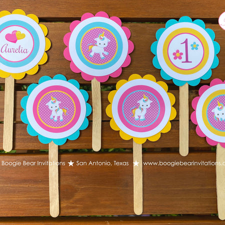 Rainbow Unicorn Party Cupcake Toppers Birthday Girl Pink Blue Purple Magic Mythology Pony Heart Horse Boogie Bear Invitations Aurelia Theme