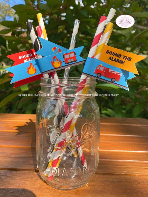 Red Fire Truck Birthday Party Pennant Straws Paper Fireman Man Firefighter Engine Fighter Hero Boy Girl Boogie Bear Invitations Andrew Theme