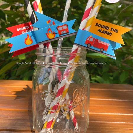 Red Fire Truck Birthday Party Pennant Straws Paper Fireman Man Firefighter Engine Fighter Hero Boy Girl Boogie Bear Invitations Andrew Theme