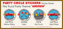 Load image into Gallery viewer, Red Fire Truck Party Stickers Circle Sheet Birthday Fireman Firefighter Engine Fighter Hero Boy Girl Boogie Bear Invitations Andrew Theme