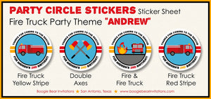 Red Fire Truck Party Stickers Circle Sheet Birthday Fireman Firefighter Engine Fighter Hero Boy Girl Boogie Bear Invitations Andrew Theme