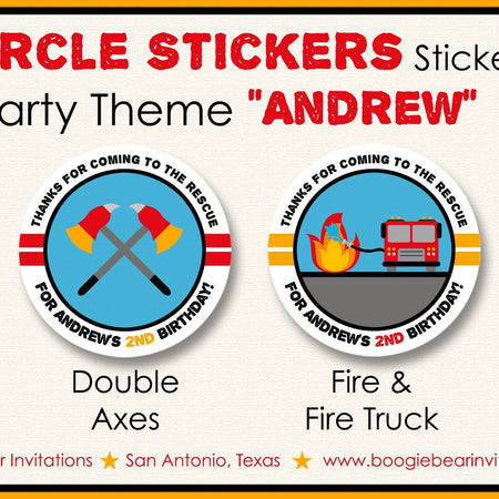 Red Fire Truck Party Stickers Circle Sheet Birthday Fireman Firefighter Engine Fighter Hero Boy Girl Boogie Bear Invitations Andrew Theme