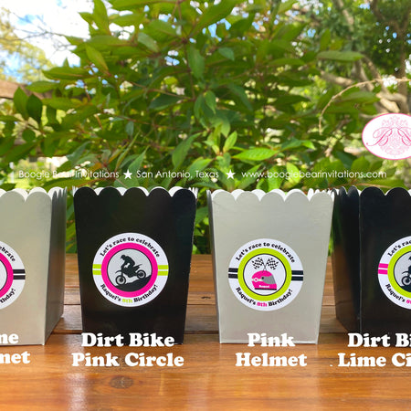 Pink Dirt Bike Party Popcorn Boxes Mini Food Buffet Birthday Lime Green Black Racing Motocross Enduro Boogie Bear Invitations Raquel Theme