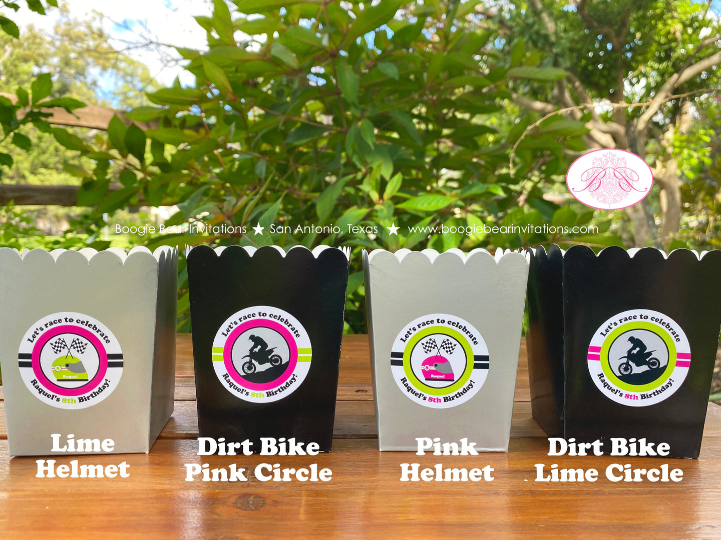 Pink Dirt Bike Party Popcorn Boxes Mini Food Buffet Birthday Lime Green Black Racing Motocross Enduro Boogie Bear Invitations Raquel Theme