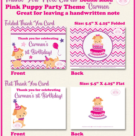 Pink Puppy Party Thank You Card Birthday Note Girl Dog Purple Pet Paw Pawty Vet Doctor Adoption Boogie Bear Invitations Carmen Theme Printed