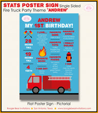 Load image into Gallery viewer, Red Fire Truck Birthday Party Sign Stats Poster Flat Frameable Chalkboard Milestone Boy Girl Fireman Boogie Bear Invitations Andrew Theme