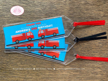 Load image into Gallery viewer, Red Fire Truck Birthday Party Bookmarks Favor Fireman Firefighter Engine EMT Fighter Hero Boy Girl Blue Boogie Bear Invitations Andrew Theme