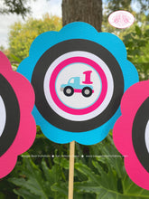 Load image into Gallery viewer, Pink Cars Trucks Birthday Party Centerpiece Sticks Girl Boy Road Trip Traffic Street Stop Light Travel Boogie Bear Invitations Sally Theme