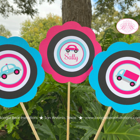 Pink Cars Trucks Birthday Party Centerpiece Sticks Girl Boy Road Trip Traffic Street Stop Light Travel Boogie Bear Invitations Sally Theme