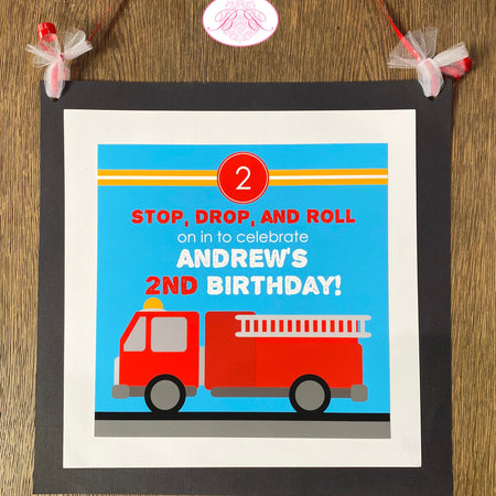 Red Fire Truck Party Door Banner Happy Birthday Fireman Man Firefighter Engine EMT Boogie Bear Invitations Andrew Theme