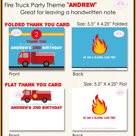 Red Fire Truck Birthday Party Thank You Card Fireman Man Firefighter Engine Brave Fighter Hero Boogie Bear Invitations Andrew Theme Printed