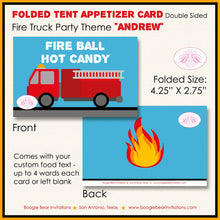 Load image into Gallery viewer, Red Fire Truck Birthday Party Favor Card Tent Food Place Folded Appetizer Fireman Firefighter Boogie Bear Invitations Andrew Theme Printed