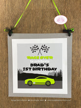 Load image into Gallery viewer, Green Race Car Birthday Party Door Banner Driver Street Racing Lime Black Fastback Coupe Track Girl Boy Boogie Bear Invitations Brad Theme