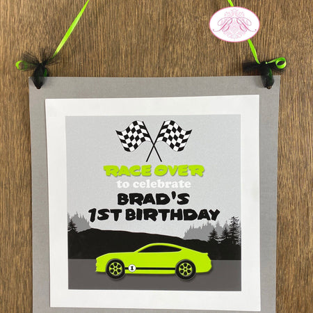 Green Race Car Birthday Party Door Banner Driver Street Racing Lime Black Fastback Coupe Track Girl Boy Boogie Bear Invitations Brad Theme