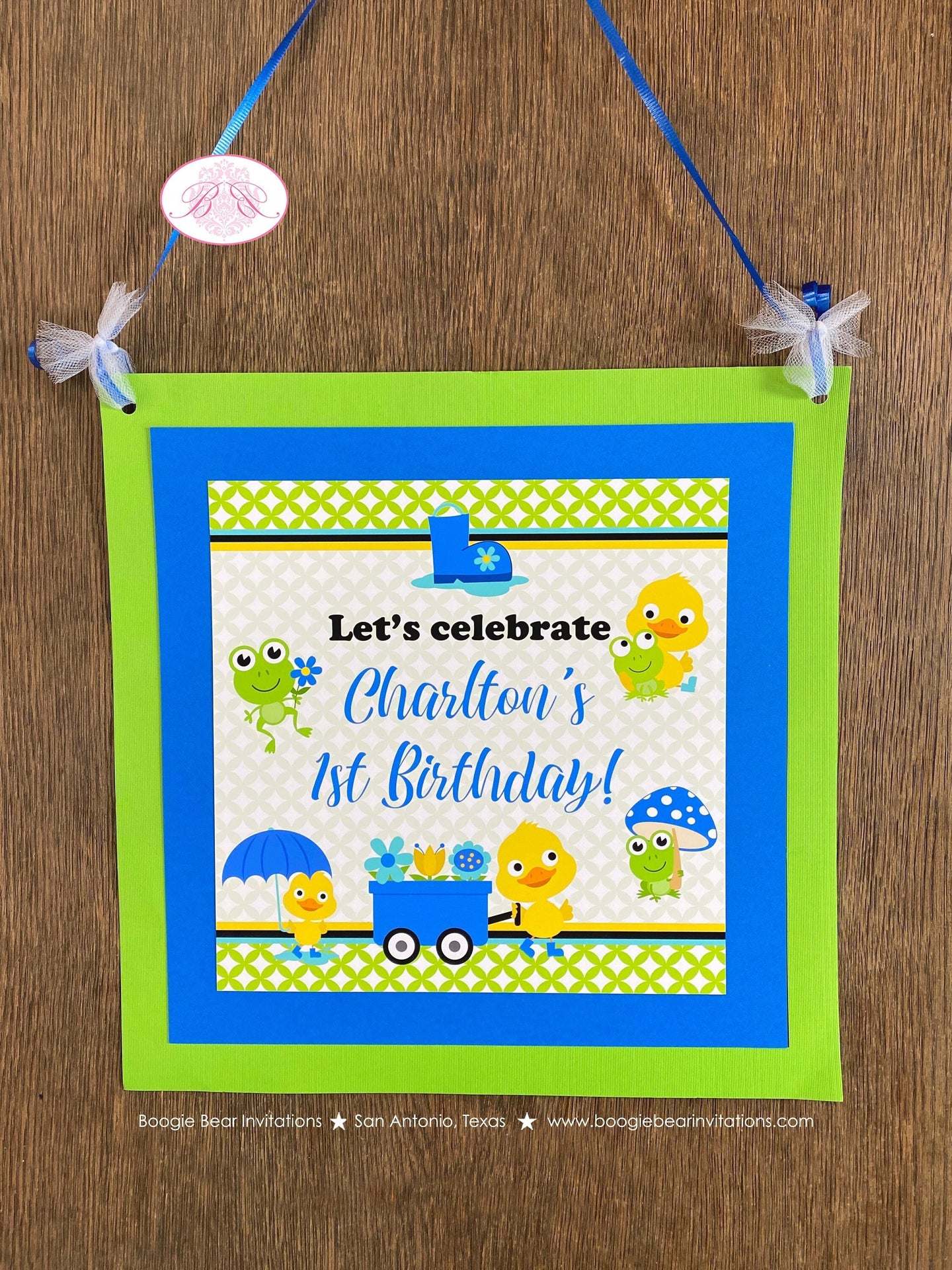Frog Duck Birthday Party Door Banner Happy Welcome Blue Spring Boy April Showers Bring May Flowers Boogie Bear Invitations Charlton Theme