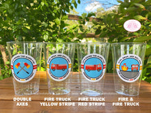 Load image into Gallery viewer, Red Fire Truck Birthday Party Beverage Cups Plastic Drink Fireman Man Firefighter Engine Fighter Hero Boogie Bear Invitations Andrew Theme