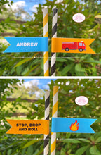 Load image into Gallery viewer, Red Fire Truck Birthday Party Pennant Straws Paper Fireman Man Firefighter Engine Fighter Hero Boy Girl Boogie Bear Invitations Andrew Theme