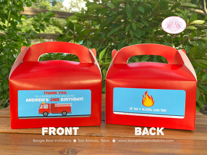 Red Fire Truck Birthday Party Treat Boxes Favor Tags Bag Box Fireman Firefighter Engine Fighter Hero Boogie Bear Invitations Andrew Theme