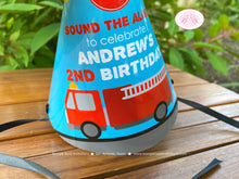 Load image into Gallery viewer, Red Fire Truck Birthday Party Hat Pom Honoree Fireman Firefighter Engine Fighter Captain Hero Boy Girl Boogie Bear Invitations Andrew Theme