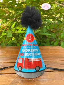 Red Fire Truck Birthday Party Hat Pom Honoree Fireman Firefighter Engine Fighter Captain Hero Boy Girl Boogie Bear Invitations Andrew Theme