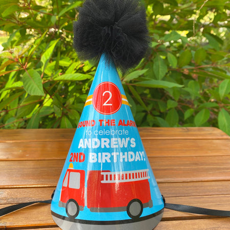 Red Fire Truck Birthday Party Hat Pom Honoree Fireman Firefighter Engine Fighter Captain Hero Boy Girl Boogie Bear Invitations Andrew Theme