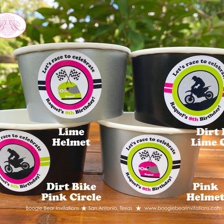 Pink Dirt Bike Birthday Party Treat Cups Candy Buffet Paper Lime Green Black Racing Motocross Enduro Boogie Bear Invitations Raquel Theme
