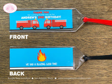 Load image into Gallery viewer, Red Fire Truck Birthday Party Bookmarks Favor Fireman Firefighter Engine EMT Fighter Hero Boy Girl Blue Boogie Bear Invitations Andrew Theme