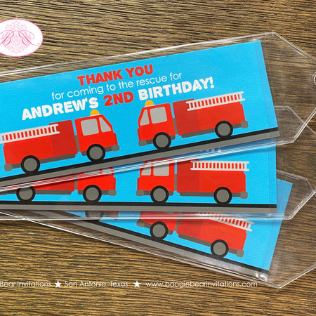 Red Fire Truck Birthday Party Bookmarks Favor Fireman Firefighter Engine EMT Fighter Hero Boy Girl Blue Boogie Bear Invitations Andrew Theme