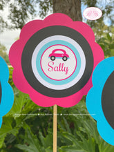 Load image into Gallery viewer, Pink Cars Trucks Birthday Party Centerpiece Sticks Girl Boy Road Trip Traffic Street Stop Light Travel Boogie Bear Invitations Sally Theme