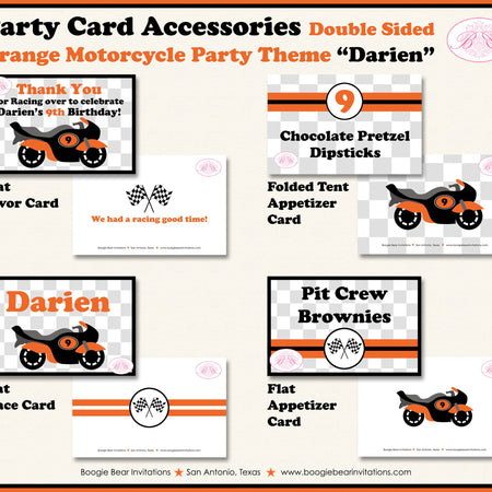 Orange Motorcycle Birthday Party Favor Card Tent Tent Food Place Folded Appetizer Grand Prix Bike Boy Boogie Bear Invitations Darien Theme