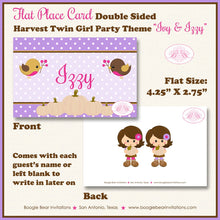 Load image into Gallery viewer, Twin Girl Woodland Birthday Favor Party Card Tent Place Food Appetizer Pumpkin Autumn Country Farm Boogie Bear Invitations Ivy &amp; Izzy Theme